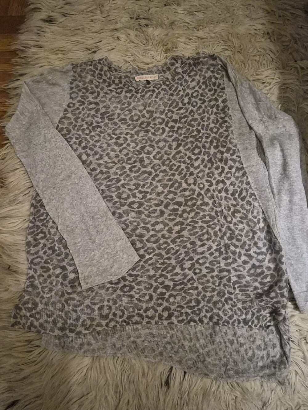 Rebecca Taylor Sz M Grey Leopard Print Baseball Jersey Style Linen Sweater